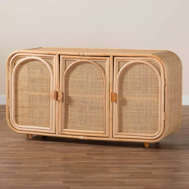 Handmade Rattan Cabinet 3 Door Natural Woven Sideboard Boho Style Storage Furniture For Living Room Bedroom Home Decoration