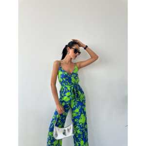 Mono con estampado y cuello en V, de tirantes, de satén, de cintura alta, para playa, transpirable y moderno - Product Image 3