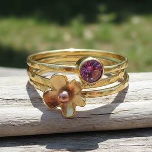 Handcrafted Gold Plated Brass <b>Ring</b> with Amethyst <b>Quartz</b> Gemstone Flower Accent for Wedding Engagement Anniversary Gift Signet - Product Image 1
