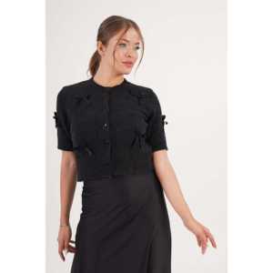 เสื้อคาร์ดิแกนถักแขนสั้นสีแอนทราไซต์สำหรับผู้หญิง ขายส่ง ดีไซน์โบว์ริบบิ้น - Product Image 3