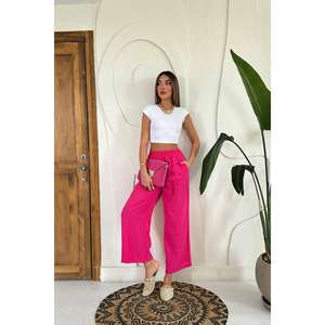 Pantalones Anchos de Lino Fucsia de Cintura Alta al por Mayor con Característica Transpirable - Product Image 4