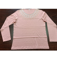 T-shirt élégant à manches longues et col rond en jersey simple 100 % coton peigné pour femme, imprimé lumineux uni, teinture unie