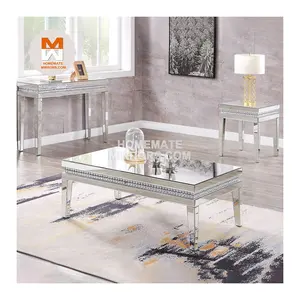 Hot selling Rectangular Crystal Diamond Mirrored Coffee Table with Beveled Edges