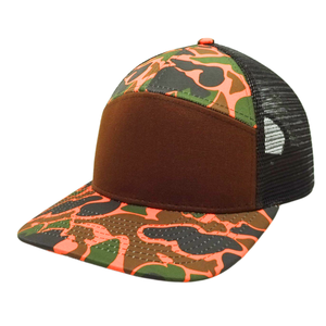 Sombrero de camionero de camuflaje marrón naranja de 7 paneles de alta calidad, hebilla de un solo pecho estructurada de malla negra, venta al por mayor, Unisex, todas las edades - Product Image 2
