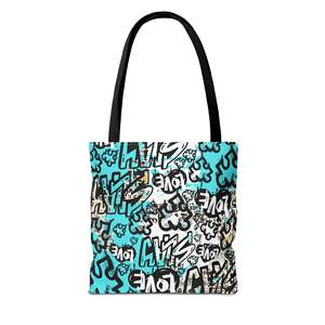 Borsa Tote Urban 'Slay' Blu Chic, Leggera in PU, Design Vibrante con Graffiti, Motivo a Pezzi di Puzzle, Fodera in Poliestere, Catena - Product Image 2