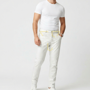 Salopette en cuir blanc pour homme, coupe droite, taille mi-haute, fermeture boutonnée, légère, style urbain - Product Image 1