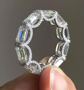 East West Emerald Cut <b>Silver</b> Moissanite Engagement <b>Wedding</b> <b>Band</b> Bridal Full Eternity U Prong Hidden Halo Party Wear Anniversary - Product Image 3