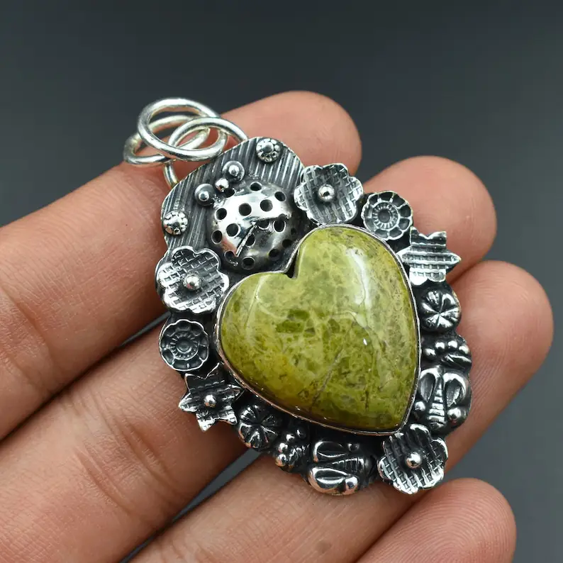 Натуральный зеленый юнакит Яшма с драгоценным камнем в форме сердца кулон 925 из стерлингового серебра ожерелье для женщин ювелирные изделия ручной работы 4030