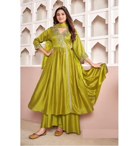 Vichitra - Conjunto de Kurti, Palazzo y Dupatta con bordado Maruti, listo para usar, estilo indio-pakistaní, largo hasta la rodilla, para todas las estaciones - Product Image 1