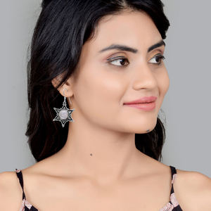 Pierre de lune arc-en-ciel naturelle 925 argent sterling Starburst Dangle 3.8 cm boucles d'oreilles 5.26 gms bijoux faits à la main pour les filles - Product Image 6