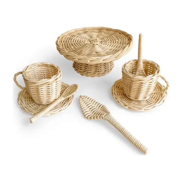 Set all'ingrosso di tè e torta in rattan per giocattoli per bambini con fibra di rattan intrecciata a mano squisitamente simpatico giocattolo piccolo regalo di compleanno