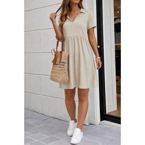 Robe courte en viscose à deux fils, col en V, taille froncée, manches courtes pour femmes, 37040 - Beige - Product Image 1