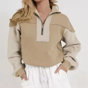 Mujer cremallera contraste color manga larga casual hafe zip HOODIE - Product Image 6