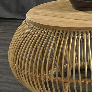 Table basse ronde en rotin naturel artisanal avec plateau en bois - Design unique en cage tressée - Product Image 3