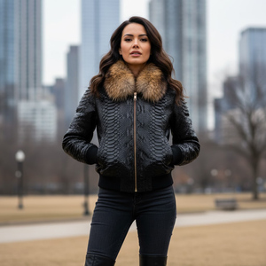 Blouson Bomber Fin en Cuir Véritable Noir à Carreaux avec Col en Fourrure de Renard et Fermeture Éclair Coupe-Vent Hiver Femme Streetwear - Product Image 1