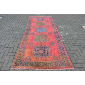 Turkish Vintage Rug, 4.5x11.3 ft <b>Runner</b> Rug, <b>Red</b> Blue Ikat Rug - Product Image 1
