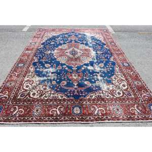 Tapis vintage turc persan en laine et latex, écologique, à poils moyens, motif classique rouge et bleu patchwork, grande surface 7,7 x 10,8 pieds pour - Product Image 1