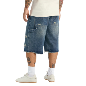 Pantalones Cortos de Mezclilla para Hombre, Estilo Casual, Corte Holgado, con Bajo Deshilachado, Lavado Vintage, Largura hasta la Rodilla, Estilo Urbano de Verano - Product Image 2