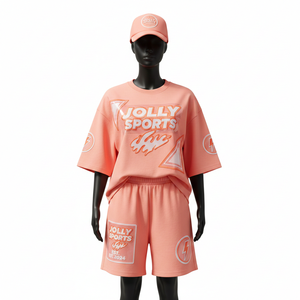 Ensemble de chemise et short en coton éponge de qualité supérieure pour femmes, doux, respirant, couleur pêche, logo personnalisé par transfert thermique, 100% coton, t-shirt et short - Product Image 6