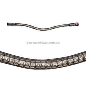 Export Quality Contrast Edge Stitching Empty Channel Leather Horse brow band with Large <b>Shining</b> Green Crystals Bling Chain - Product Image 2