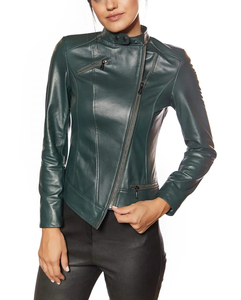 Blouson de motard en cuir véritable pour femme, sur mesure OEM, vert foncé, col montant, fermeture éclair asymétrique, coupe ajustée, en peau de mouton - Product Image 6