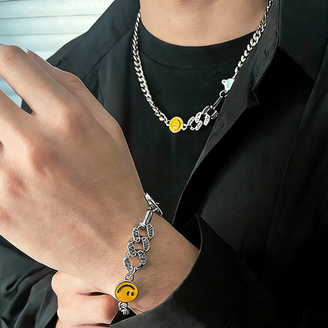 Titanium Steel Cuban Link Chain Smiley Planet Bracelet Necklace Set for Men Versatile Streetwear Hip Hop Tarnish Resistant