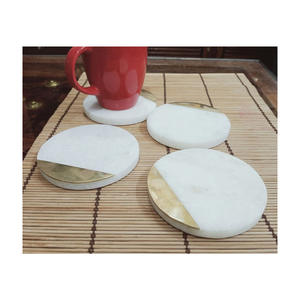 ชุดถาดรองแก้วหินอ่อนทำมือรูปทรงกลมขัดเงาทนทานพร้อมงานทองเหลืองโบราณสำหรับตกแต่งบ้านชา - Product Image 1