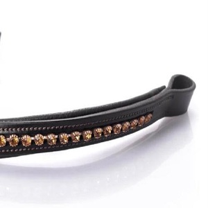 Banda para la frente de caballo de cuero extra cómoda acolchada suave negra o marrón Habana decorada con cristales redondos de topacio dorado de 1 Fila ostentosos - Product Image 2