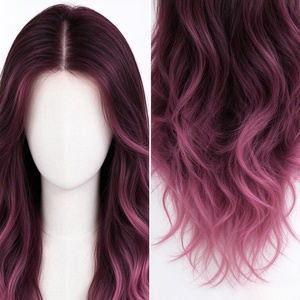 Ombre Burgundy Pink Long <b>Wavy</b> <b>Wig</b> Lace Front Synthetic Hair <b>Wig</b> for Party Cosplay Daily Wear - Product Image 5
