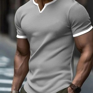 NOVEDAD DE VERANO 2025, camiseta de manga corta sólida con cuello en V a la moda de calle americana, Camiseta deportiva holgada informal para hombre - Product Image 3