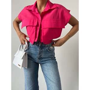 Blusa Casual de Mezcla de Algodón con Detalle de Bolsillo Color Fucsia para Mujer, Marca Mybeefashion, para Uso Diario y Moda de Primavera/Verano - Product Image 2