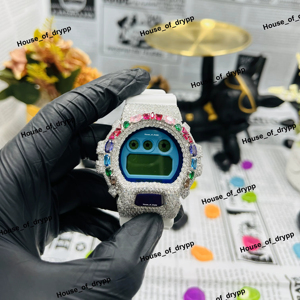 Montre numérique en argent glacé avec lunette en moissanite multicolore, bracelet blanc, montre de luxe bling bling hip hop, montre de déclaration - Product Image 1