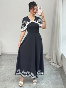 Tunique à col en V Robe longue décontractée pour femme à manches courtes 100% coton Taille naturelle lavable Noir - Product Image 4