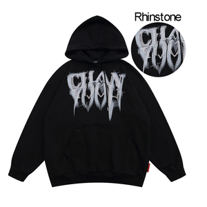 Sudadera de algodón de gran tamaño de alta calidad French Terry Sudadera con capucha recortada Sudadera con capucha estampada Fabricante Lavado ácido Sudadera con capucha negra con diamantes de imitación - Product Image 2