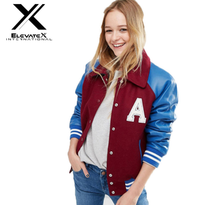 ELEVATEX INTERNATIONAL Women's Varsity Jacket Maroon Blue PU Leather Sleeves Letter A Embroidered Front Turn-down Collar - Product Image 5