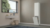 Meuble de salle de bain multifonctionnel Terraneo en panneaux de particules blancs, panier à linge, modèle italien, best-seller