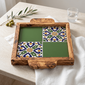 Aesthetic Square Handmade Disposable Olivewood & Ceramic Tile Ottoman Serving <b>Tray</b> for Modern Coffee Table Decor - Product Image 5