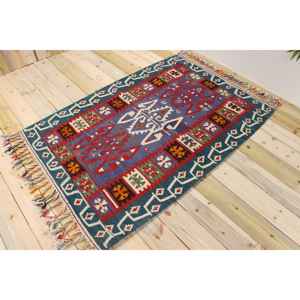 Alfombra Turca Decorativa de 3.8x5.5 pies, Alfombra Vintage, Alfombra Persa de Lana Azul y Roja - Product Image 1