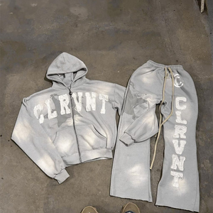 Traje de sudor personalizado 100% algodón francés Terry serigrafiado con capucha y pantalones de chándal conjunto parche desgastado lavado ácido chándales para hombres - Product Image 2