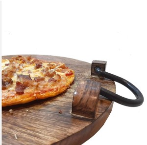 Premier fournisseur de plateau de service de fête en bois de manguier de qualité supérieure avec poignées en métal plateau rond pour pizza servant Noël - Product Image 4
