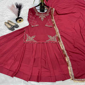 Traditional <b>Red</b> <b>Silk</b> Kurta Lehenga Set Indian Pakistani Sequin Zari Embroidery Wedding Festive Traditional Women Wear - Product Image 1