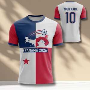 Maglia da Tifoso Unisex per i Mondiali di Calcio 2026 in Panama, Design con Bandiera Rossa, Bianca e Blu, T-Shirt da Calcio per il Giorno della Partita - Product Image 1