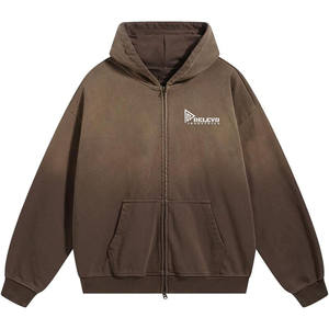 Sudadera con Capucha Extra Grande Unisex con Logotipo Personalizado, Sudadera con Capucha Extra Grande con Cierre y Lavado Ácido Marrón, Sudadera con Capucha de Felpa Gruesa con Hombros Caídos - Product Image 1