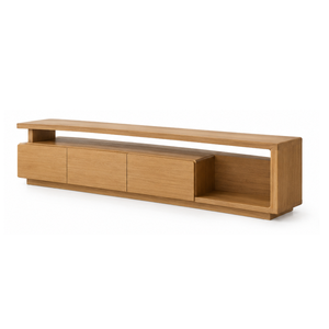 Meuble TV moderne en bois massif avec plateau flottant long, portes de rangement et étagère ouverte – Style minimaliste pour salon - Product Image 2