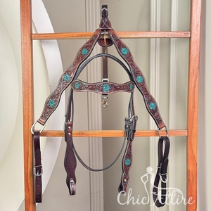 Fabricante de cuero hecho a mano Headstall & Breast Collar Set Diseño con detalles en turquesa Durable Western Horse Tack - Product Image 1