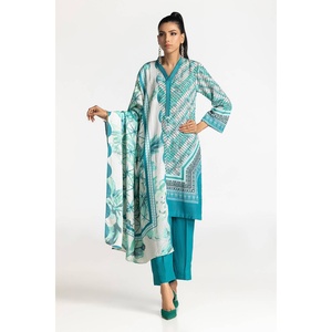 Traje de 3 Piezas para Mujer, Color Azul, Estampado Karandi, con Decoración de Botones - Product Image 4