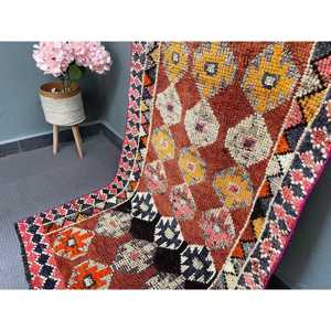 Vintage <b>Red</b> Ikat Wool Turkish Rug Eco-Friendly Patchwork Design Latex Backing 2.9x7.8 ft <b>Runner</b> Rug - Product Image 2