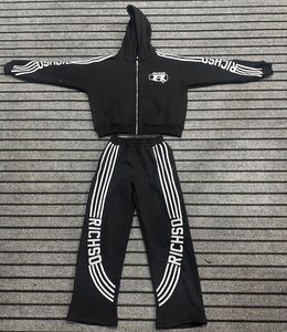 Chándal de gran tamaño con bordado personalizado, ropa de calle, sudadera con capucha y pantalones de chándal con cremallera a rayas desteñidas por el sol, conjunto de chándal de gran tamaño para hombre - Product Image 1