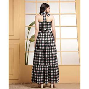 DEEBACO Women's Solid Cotton Checked with Heart Print Tiered Maxi <b>Dress</b> Halter Neck Sleeveless Ankle Length Fit & Flared Summer - Product Image 4