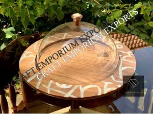 Plateau en bois d'acacia naturel découpé au laser avec incrustation de nacre décorative, plateau de service artisanal durable, ensemble de boîtes en acrylique et en verre - Product Image 3